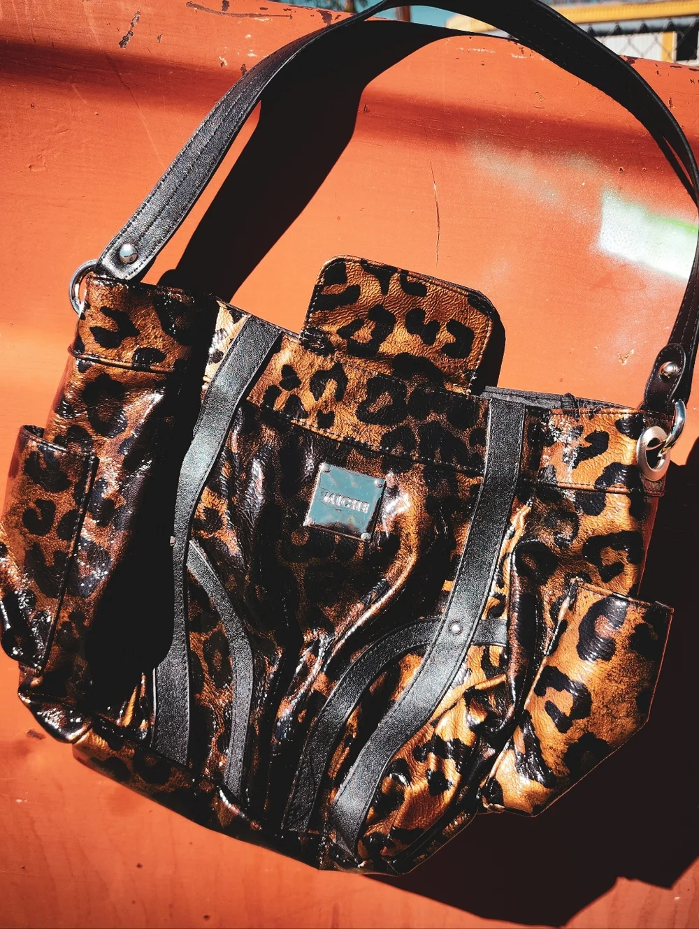 MICHE Lisa Leopard Print Shell Handbag Faux Patent Multi Pocket Tote Purse